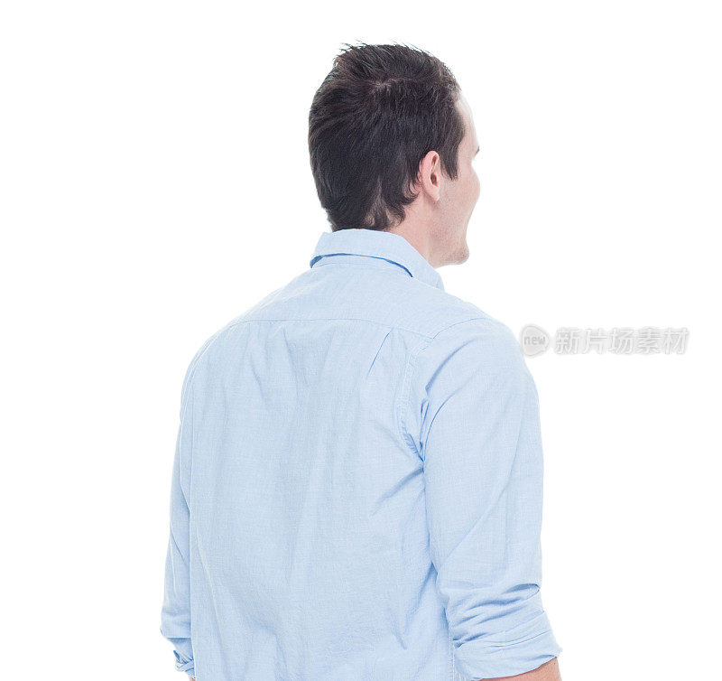 一人一男/一人/腰部以上/后视图20-29岁的成年英俊的人白人男性/年轻男子站着纽扣衬衫/衬衫/冷静的态度